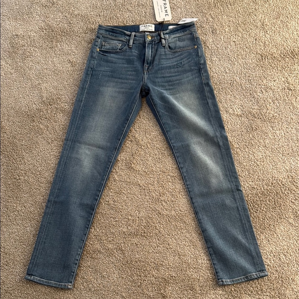 Frame Denim Blue Skinny Jeans with Subtle Fading